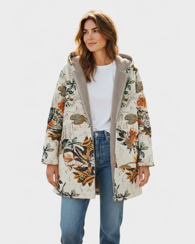 Elena – Boho kvetinový sherpa kabát s kapucňou