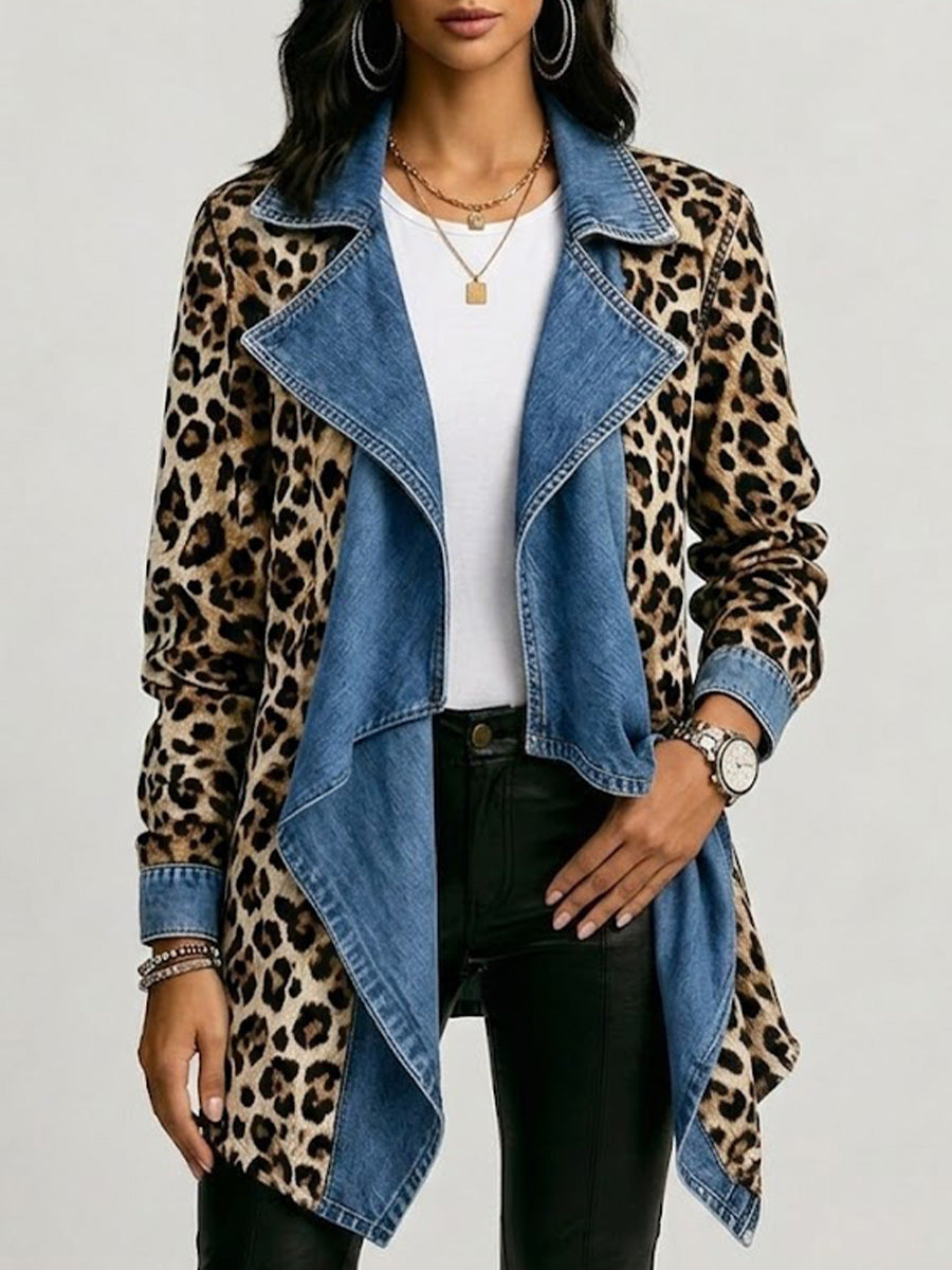 Victoria | Stredne dlhá bunda s leopardím vzorom a dielom z ošúchaného denimu